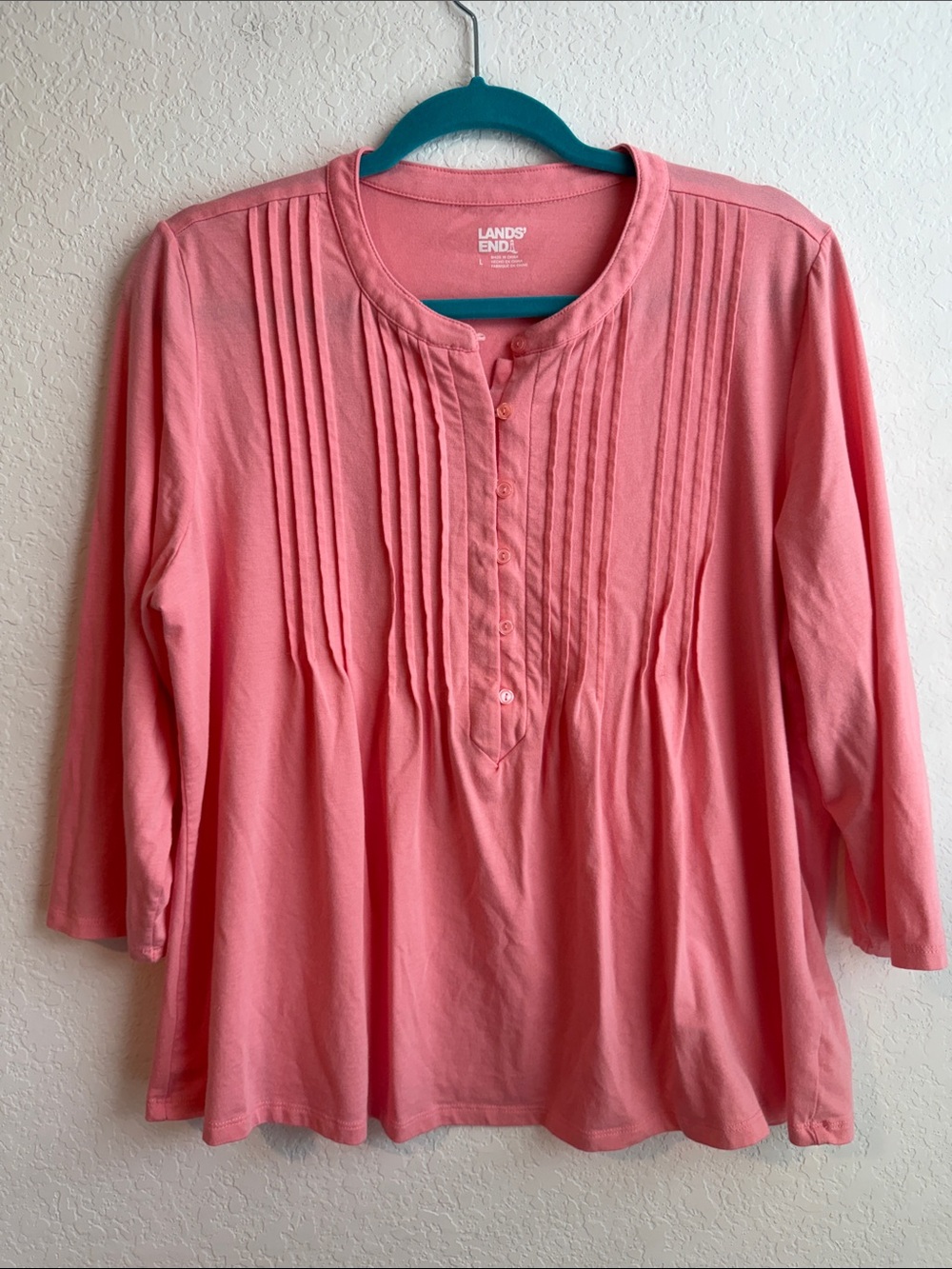Lands' End Coral Pink Pintuck Henley Tunic